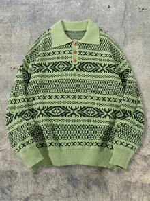 ANDREILEE 几何纹理针织套头毛衣，休闲宽松V领男女通用款，适合春、秋、冬三季穿着。 - 綠色 - 查看 2