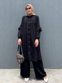 女士优雅休闲纯色纽扣设计长款外套，灯笼袖搭配阔腿裤套装，时尚休闲优雅可爱阿拉伯风格长款连衣裙两件套，适合春、夏、秋、冬三季穿着。 - 黑色 - 查看 5