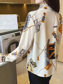 畅销款女士印花单扣休闲宽松长袖衬衫，秋季办公衬衫，春季白色 - 白色 - 查看 6