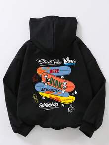 sweat-shirt à capuche ample et polyvalent avec imprimé de planche à roulettes, pour filles préadolescentes. Haut manches longues avec bas noir