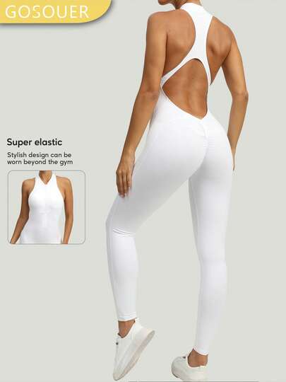 Mono ajustado con cremallera delantera, diseños sin espalda y con efecto "melocotón" en el trasero, para yoga y fitness