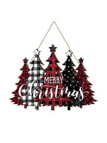 1 pièce Panneau décoratif d'arbre de Noël joyeux, décoration en bois à carreaux buffalo pour ferme, plaque suspendue pour porche, Noël extérieur, décoration de fête de Noël à la maison