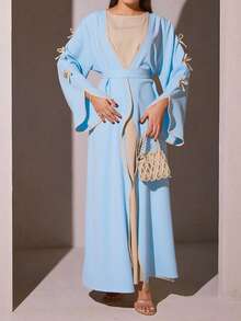 SuofeiMan New Modest Middle Eastern Style Abaya, Simple Bow Design, Light Blue Solid Color Casual Soft Comfortable Jacket With Belt, Suitable For Festivals And Daily Wear - Light Blue - View 1