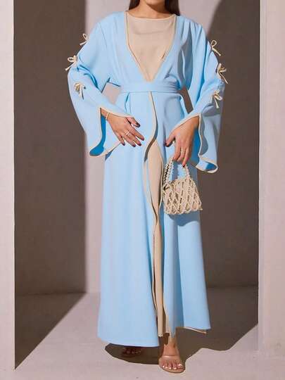 SuofeiMan New Modest Middle Eastern Style Abaya, Simple Bow Design, Light Blue Solid Color Casual Soft Comfortable Jacket With Belt, Suitable For Festivals And Daily Wear