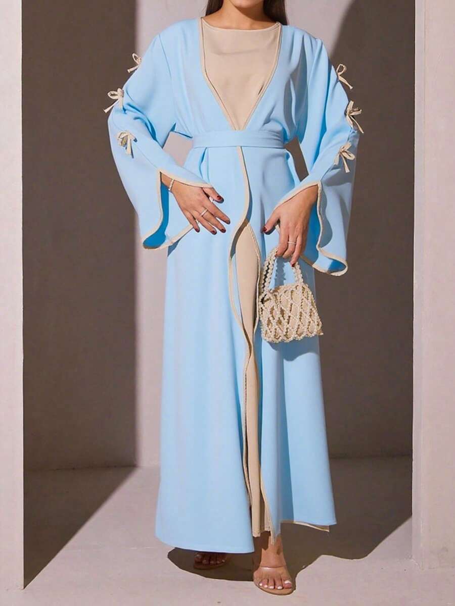 SuofeiMan New Modest Middle Eastern Style Abaya, Simple Bow Design, Light Blue Solid Color Casual Soft Comfortable Jacket With Belt, Suitable For Festivals And Daily Wear - Light Blue - View 1