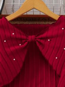 2 件套女童优雅串珠蝴蝶结长袖短款套头衫和酒红色别致立领无袖及膝连衣裙套装，2025 年秋冬