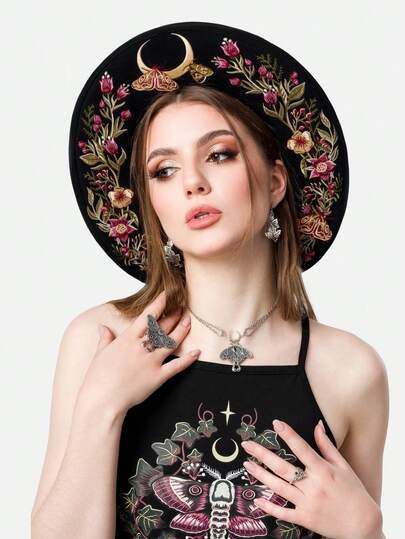 All-Season Universal Ladies Flat-Brimmed Jazz Toppers, Interior Printed Gothic Elements, Beach Wear At The Beach Party Graduation Party Birthday Celebration Halloween Christmas Music Festival Suitable For Western Themed Events