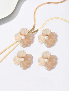 4pcs Elegant Necklace + Earrings + Ring Jewelry Set, Fashionable European And American Exaggerated Metallic Style, Creative Geometric Hollow Flower, Flat Snake Chain, Y-Shaped Tassel Long Necklace, Suitable For Daily Wear, Banquet, Celebration, Versatile Luxury Gift