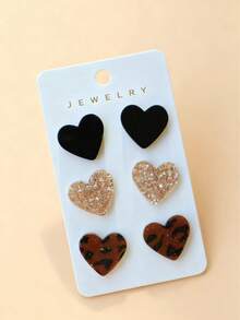3 Pairs/Set Fashionable Cute Leopard Print Heart Shaped Earrings Set, Gift For Girls - Multicolor - View 6