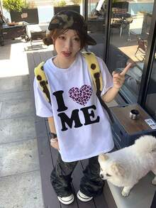 Heart Print Short Sleeve T-Shirt, Casual Loose Versatile Fashion Top, New Summer Collection White - White - View 4
