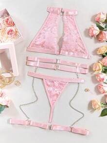 Halter Heart Ring Cutout Chain Floral Lace Sheer Garter Belt Lingerie Set 3 Piece - 粉色 - 查看 4