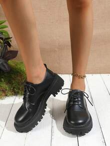 Women's Fashion Thick Sole Loafers, Round Toe Lace-Up Casual Shoes