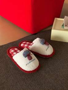 XIXITIAO زوج من الشبشب المسطح ذو لون متباين على شكل فطر للنساء، قاع ناعم وفراشي للأحذية المنزلية، تصميم جميل، دافئ وهادئ لأرضية الحذاء للشتاء، أنيق وخفيف الوزن مغلق الأصبع - الأحمر - مشاهدة 2