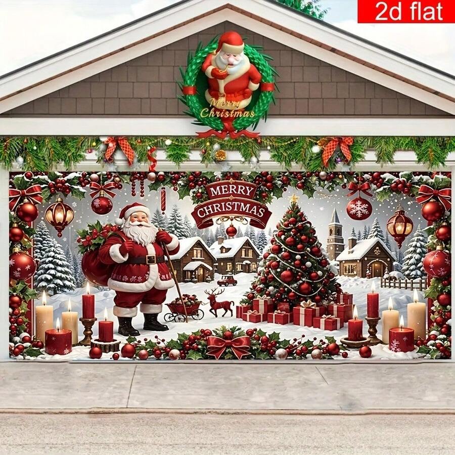 1pc Large Christmas Garage Door Banner, Made Of Polyester, Featuring Santa Claus & Christmas Tree Pattern In Snowy Scene, Vibrant Colors, Durable & Suitable For Christmas Eve, New Year Party Wall Decor