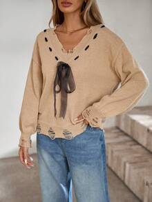 女式 V 领蝴蝶结系带做旧设计长袖套头衫，百搭秋冬装