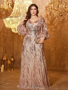 V-Neck Long Sleeve Luxurious Heavy Sequin Embellished Fitted Waist Bodycon Evening Gown - Champagne - View 3