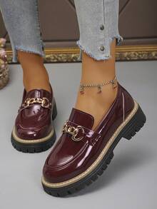 女士厚底坡跟一脚蹬鞋，优雅学院风纯金属装饰，女士乐福鞋 - 酒紅色 - 查看 5