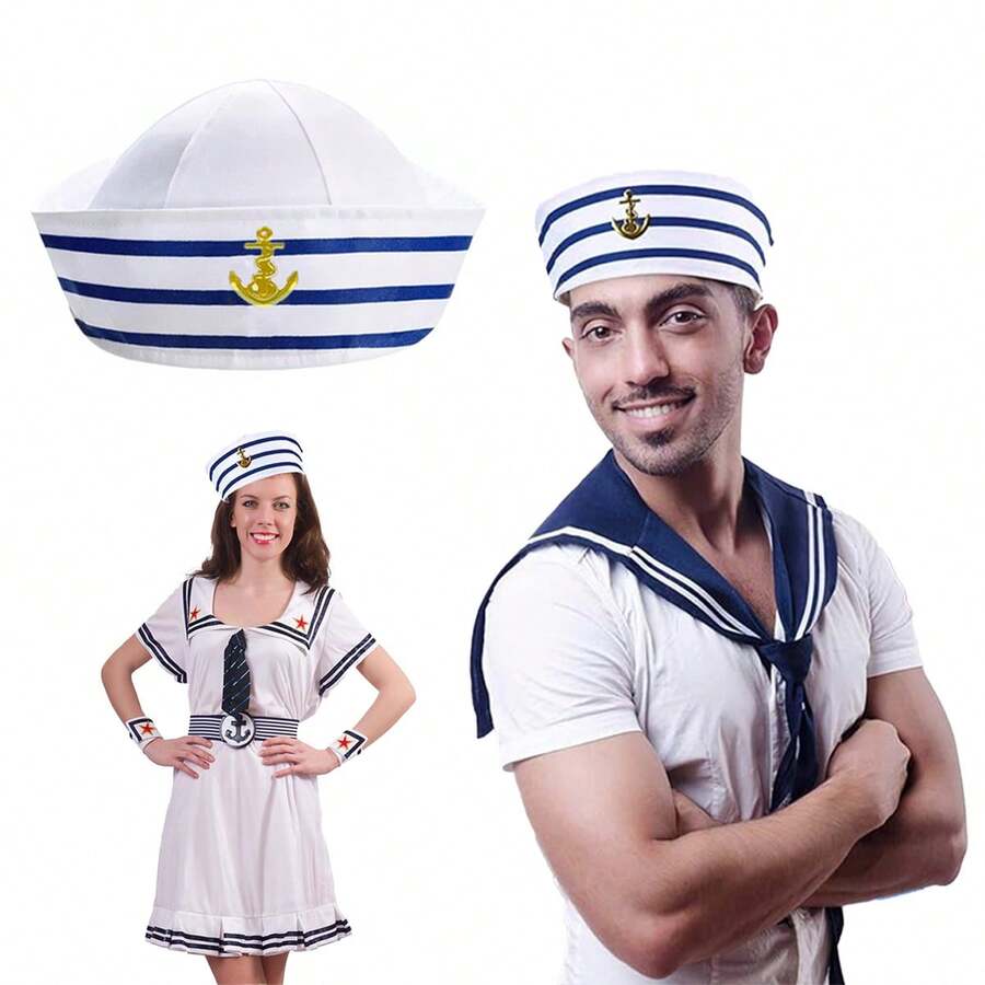 Blue And White Sailboat Captain Hat, Unisex, Suitable For Halloween Costume Accessory And Party Decoration