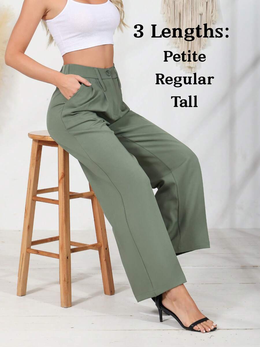 Women's Petite/Regular/Tall 3 Lengths Wrinkle-Free Flowy Office Dress Pants Slacks Breathable Workout Casual Wide Leg Stretchy High Waist Business Trousers - 軍綠色 - 查看 1