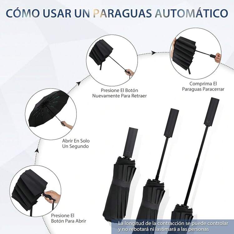 Paraguas Reforzado Automático Sombrillas para Sol y Lluvia Sol Paraguas Grande con 24 Varillas Paraguas Plegable de Bolsillo Sombrilla UV UPF50+ Resistente al Viento Hombres y Mujeres - Negro - Añade 3