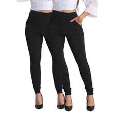 Kit 2 Women's Crepe Pants With Lined Belt Skinny High Waist Formal Pants - 黑與黑 - 查看 7