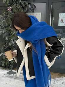 1件装女士秋冬毛绒流苏围巾，保暖舒适大披肩，户外防风，日常简约百搭