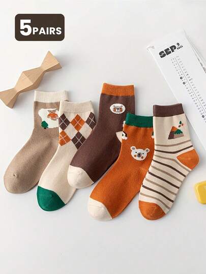 5 Pairs Kids Rhombus Striped Cartoon Bear Mid-Calf Socks, All Season