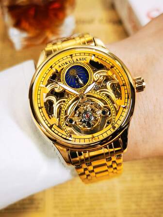 AOKULASIC 1pc Royal Fashion Tourbillon Men Watches Top Brand Luxury Stainless Steel Strap Business Casual Skeleton Automatic Mechanical Watch Gifts