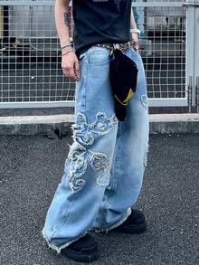 1 Quần jean ống rộng thêu viền tua rua phong cách American Streetwear, thoải mái và thời trang, đa năng (Sản phẩm không bao gồm thắt lưng và phụ kiện) - Màu xanh lam - Xem 7