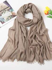 1pc New 120g Faux Linen Solid Color Tassel Scarf Shawl, Travel Gift, Bamboo Knit Wrap For Women - Khaki - View 3