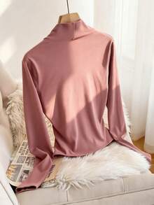 Camiseta feminina de lã quente com decote em V e manga comprida, elegante, casual, slim fit, rosa, outono/inverno - Rosa Cinza - Ver 3