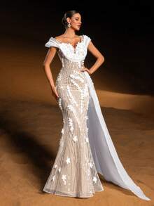 Faeriesty Haute Glamour Elegant Sparkly Beaded Evening Gown With Floral Appliques & Sequin Details – Sleeveless Sweetheart Neckline, Fitted Mermaid Silhouette, Ethereal Tulle Overlay For Formal Galas & Weddings For Women