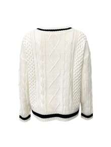 Maglione da donna con scollo a V, stile college retrò americano, moda autunno/inverno 2025, maniche lunghe, lasco e ampio, con motivo jacquard a lettera