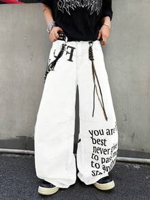 1件 Infinite Jeans 美国休闲品牌拼接男士个性化印花喇叭裤，宽松舒适的街头风阔腿裤（不含腰带和配饰） - 白色 - 查看 4