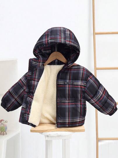 秋冬新款黑色格子连帽保暖羽绒服，卡通加厚派克大衣