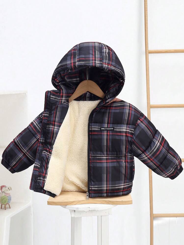 秋冬新款黑色格子连帽保暖羽绒服，卡通加厚派克大衣 - 彩色 - 查看 1