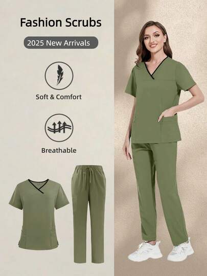 Weich, atmungsaktiv und schnelltrocknend! V-Ausschnitt Kurzarm Top und Hose/Krankenpflege Kasack Set, locker und bequem, geeignet für verschiedene Anwendungsszenarien