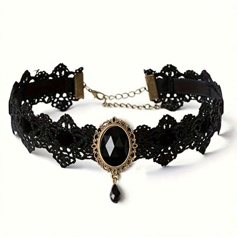 1pc Gothic Lace Choker Necklace With Rhinestone, Adjustable Clavicle Jewelry, Women'S Fashion Collar, Gift For Parties, Halloween, All-Season Accessory - 1PC 隨機顏色 - 查看 1