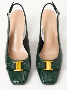 WHDXY 1 双女式方头露背学院风带扣装饰办公室高跟鞋，性感走秀款 7 厘米粗跟正装鞋，适合工作、空乘、派对 - 綠色 - 查看 3