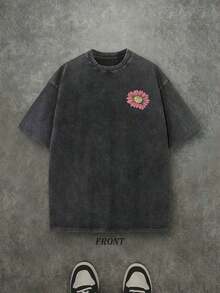 Retro Washed T-Shirt Double Sided Printed (230 Pure Cotton T-Shirt) 'LIVING PROOF OF A LOVING GOD' Letter And Flowers Pattern Print, Men's T-Shirt, Men's Casual, Comfortable, Fashionable T-Shirt, Street Style Cotton Unisex Plus Size Top - 黑色 - 查看 3