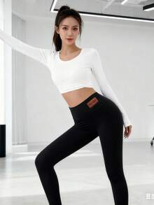 Women's High-Waisted Winter Warm Thickened Leggings - Full Length - High-Rise Stretch Workout Pants With A Waistbandless Design And A Smooth Texture, Perfect For Fitness, Yoga, And Layering - Machine Washable Thermal Leggings (Waistband Not Included) - Elastic High-Waisted Leggings With Natural Details And Solid Colors, Perfect For Fitness And Training - Thermal Pants, Women's Winter Warm Soft-Touch Leggings With Fleece And Thickness - màu đen - Xem 3