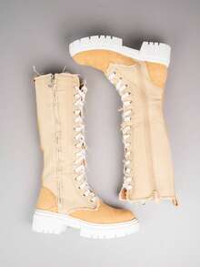 Kniehohe Winterstiefel zum Schnüren mit dicker Laufsohle - Beige - Übersicht 6
