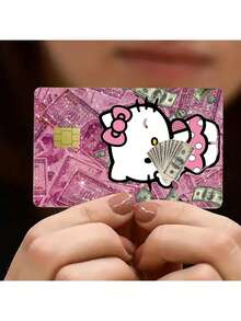 4 件粉色 Hello Kitty 信用卡贴纸，适用于 3.35 * 2.13 英寸带芯片的银行卡、DIY 贴纸、切割和冲压用品、公共交通卡自粘透明膜、学生证等。包括 Kuromi、Cinnamoroll 和 Pompompurin 设计，防水 PVC 贴纸非常适合借记卡/信用卡外壳。