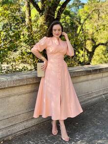 MARRANT PLAIN MIDI DRESS Simple Button Contrasted Waist WOMEN'S SUMMER FASHION - Màu Hồng  San hô - Xem 5