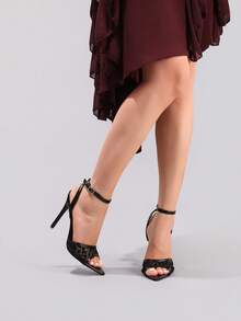 Giày sandal cao gót màu đen phối ren, kiểu dáng thanh lịch, gợi cảm, mũi nhọn, quai ngang mắt cá chân, hở mũi, thích hợp cho trang phục mùa xuân hè. - màu đen - Xem 9