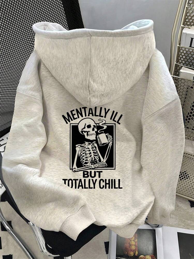 Sudadera sweatshirt dama mujer manga larga algodón cuello redondo casual aesthetic diario frio urbana moderna juvenil cómoda calientita estampado café halloween calavera letras frase - Gris - Añade 1