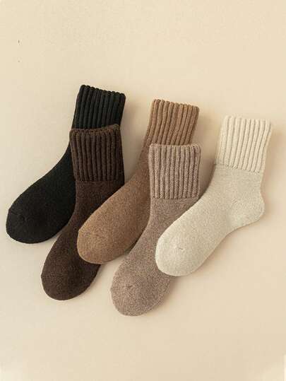 1/5/10 Pairs Women Fall Autumn Winter Khaki Socks Warm Breathable And Sweat-Absorbent Thick Knit Soft Vintage Casual Crew Socks Fuzzy Socks Wool Socks Delamerican (Black, Light Brown, And Coffee Reddish-Brown) Perfect Gifts For Hiking, Back To School, Halloween & Christmas Xmas