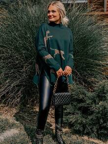 Women's Leopard Print Turtleneck Dropped Shoulder Knit Sweater - Green 2 - View 6