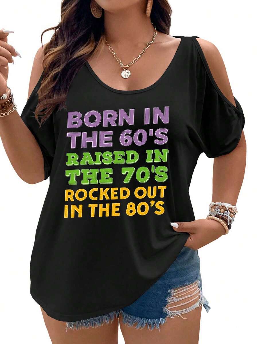 60s Born, 70s Raised, 80s Rocked Out Women Cold Shoulder Tops Summer Short Sleeve Shirt Plus Size - màu đen - Xem 1