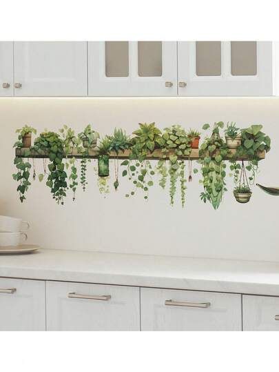 1 件绿色植物和吊篮花卉主题 - 自粘塑料表面装饰 - 植物形状，具有装饰功能 - 一体式墙贴，适用于卧室和客厅装饰